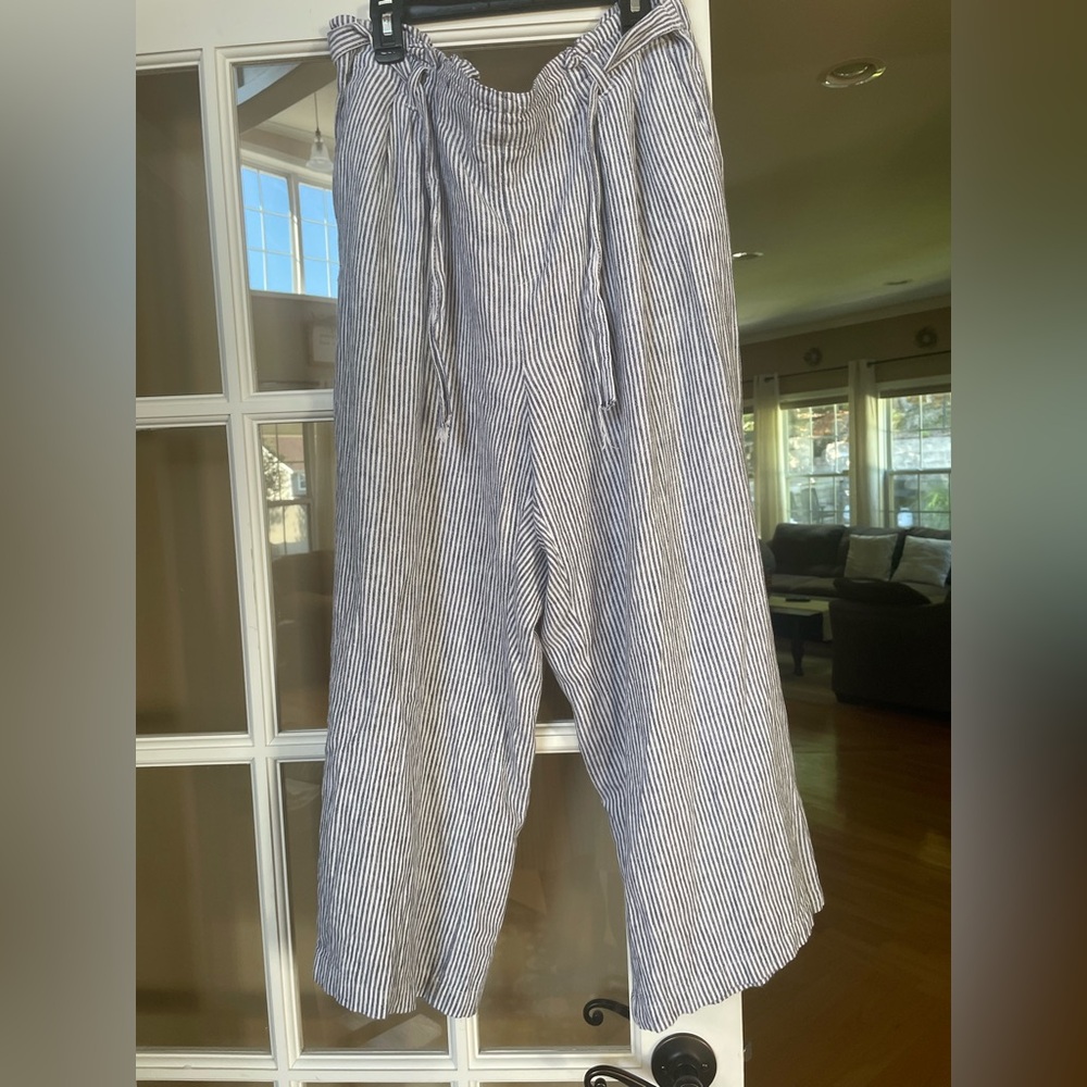 ELLEN TRACY linen Wide Leg Pants-Large-Blue/White Stripe